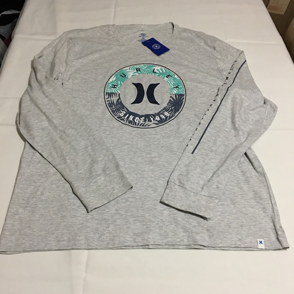 Hurley Long Sleeve Graphic T-Shirt Men 2XL Light Heather Grey NWT $34